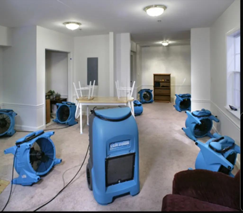 Air movers and dehumidifier setup for Water Extraction & Removal in Stow